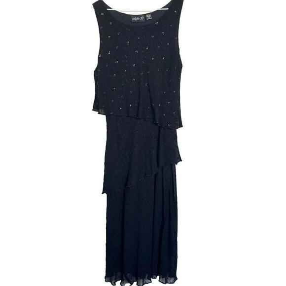 Lola P. Dresses & Skirts - Lola P. Black Beaded Tiered Sleeveless Midi Dress L | Formal Cocktail Party Rayo